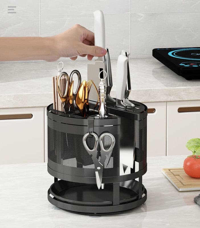 Black Steel Rotatable Benchtop Knife Storage Rack.